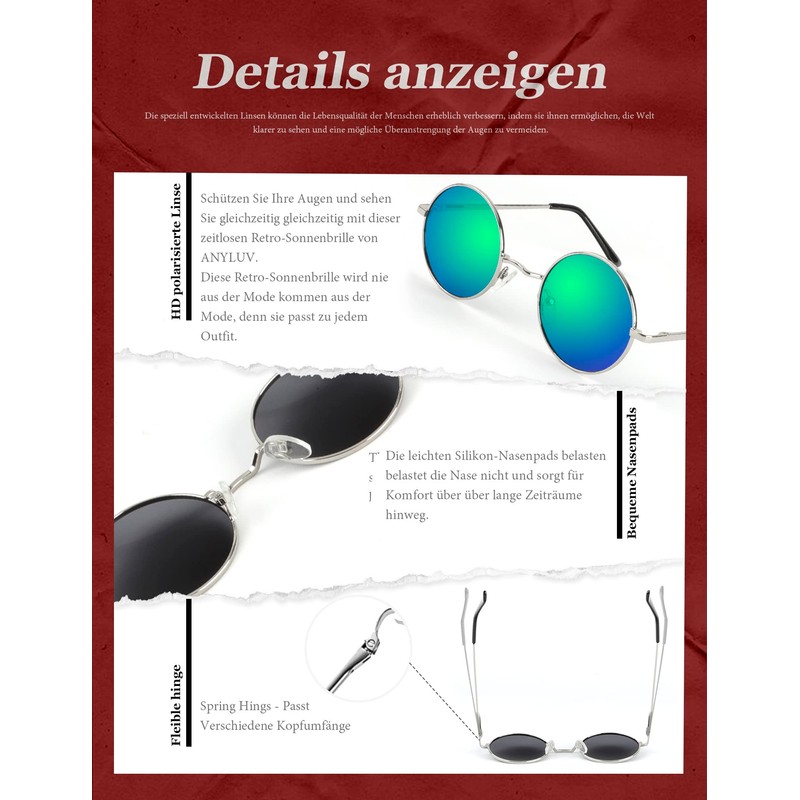 ANYLUV Sunglasses Men's Polarised Round Sunglasses Men Women Classic with
