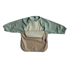 PixieTales Long Sleeve Bib for Babies & Toddlers, Double-Layer Food Catcher Pocket, Waterproof and Anti-Mess, 6-24 Months (Mint Beige)