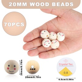 70PCS 20mm Natural Wooden Beads with Faces, Beads for Stringing, Natural Wood Beads, Wooden Spheres with Faces for DIY Macrame Decorations Crafting Beads, with 1 Elastic Crystal Cord