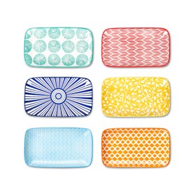 Selamica Rectangular Salad Plates, 7.1 Inch Dessert Plates Ceramic, Small Plates for Appetizer, Snack, Sushi, Fruit, Set of 6, Assorted Colors