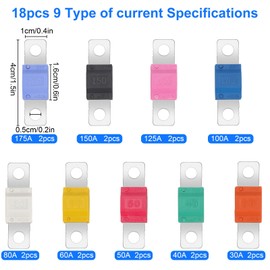 Linkstyle 18pcs AMI/Midi Fuse,12V-58V Copper Plated High Current Bolt-on Fuse Assortment, for Automotive Car Truck Marine Boat (30A,40A,50A,60A,80A,100A,125A,175A,200A) (B)