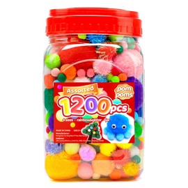 Iooleem Multi-Color Pom Poms, 1200pcs Assorted Size & Color, Pom Poms for Arts and Crafts, Pom Pom Balls with Wiggle Eyes in jar, Glitter Pom Poms, Craft Supplies.