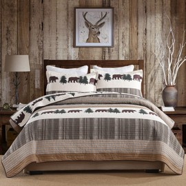 PERHOM Cabin Quilt King Size - 100% Cotton Lodge Cabin King Quilt Bedding Set, Striped Bear Tree Reversible Quilted Bedspread Lightweight Comforter Set with 2 Shams, Wood Brown/Beige, 3PCS