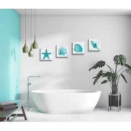 BQVCT Bathroom Wall Decor Teal Watercolor Starfish and Seashell Conch Wall Art Sea Creatures Pictures Ocean Theme Canvas Prints for Bedroom Home Artwork Decor Paintings