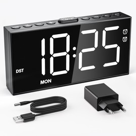 LED Wecker Digital mit Großen Zahlen, Digitaluhr mit Dual Alarm, USB/Type-C Wiederaufladbar, Helligkeit und Lautstärke Regelbar, Snooze, Wochenendmodus, Wecker Ohne Ticken für Zuhause, Büro, Kinder