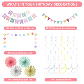 Geburtstagsdeko Birthday Decorations Mädchen Frauen Happy Birthday Banner mit Wimpelkette Geburtstag Hängende Papierfächer Wirbel Streamer und 3D Ball Girlande für Geburtstag Party Deko