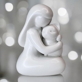 Girl Hugging Cat Figurine/Kitty Love Statue – 5” Tall Ceramic Stoneware Simple Modern Pet Friendship Decor