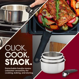 T-fal Ingenio Expertise Stainless Steel Cookware Set 4 Piece, Induction, Oven Safe, Stackable Cookware, Pots and Pans, RV, Camping, Frying Pans, Dishwasher Safe, Detachable/Removable Handle, Silver