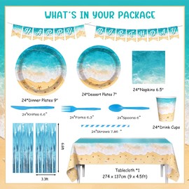 AIBIIN 196Pcs Beach Birthday Party Decorations, Ocean Waves Happy Birthday Party Supplies Tableware Set Summer Pool Party Plates, Cups, Napkins, Banner, Tablecloth for Hawaiian Bday Party