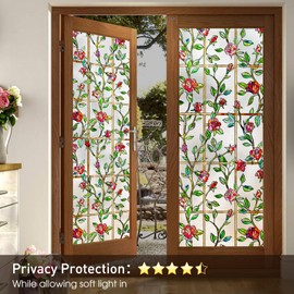 Windimiley Stained Glass Window Privacy Film: 3D Rose Decorative Bathroom Frosted Static Cling Sun Heat Blocking Flower Window Tint for Home Non Adhesive Door Window Covering (23.6 x 35.4 in,Red)