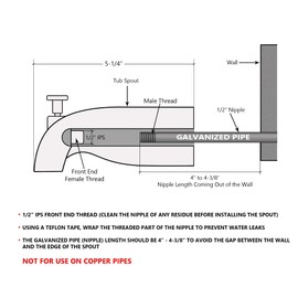 Tub Spout with Front Diverter, 1/2 inch IPS Female Front End Thread, 5-1/4 inch Overall Length, for 4 inch to 4-3/8 inch Length Galvanized Pipe Nipple, Polished Chrome Finish