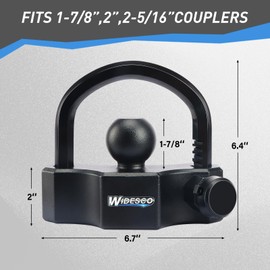 Widesco Universal Coupler Lock Trailer Locks Trailer Hitch Lock, Adjustable Heavy-Duty Trailer Coupler Ball Lock Fit 1-7/8 Inch, 2 Inch, 2-5/16 Inch Couplers with 2 Keys Alike (Black)