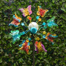 Alpine Corporation 61" H Outdoor Solar Butterfly Metal Wind Spinner Lawn Stake with Color-Changing LED Light