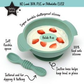 PrimaStella Unbreakable Silicone Non-Slip Bowl and Chew Spoon Set for Babies and Toddlers (Dark Green)