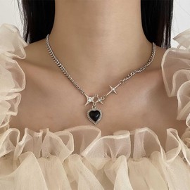 Yheakne Vintage Onyx Heart Necklace Crystal Star Black Onyx Heart Pendant Silver Star Curb Chain Jewellery for Women and Girls, Zinc