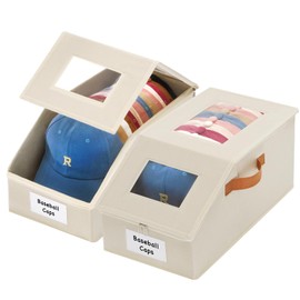 Baesyhom 2 Pcs Extra Large Hat Organizer & Storage Box for Baseball Cap with Dual Clear Windows Dust-Proof Double Zipper, Stackable Design & Sturdy Handles for Closet, Beige