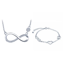 Yumilok 925 Sterling Silver Women's Necklace Bracelet Chain with Pendant Infinity Heart Pendant Cubic Zirconia Bracelets Bangles Jewellery Set for Women Girls, Sterling Silver, Cubic Zirconia