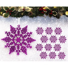 12pk Glitter Snowflake Hanging Decorations, Christmas Tree Snowflake Baubles/Ornaments (Dk Purple)