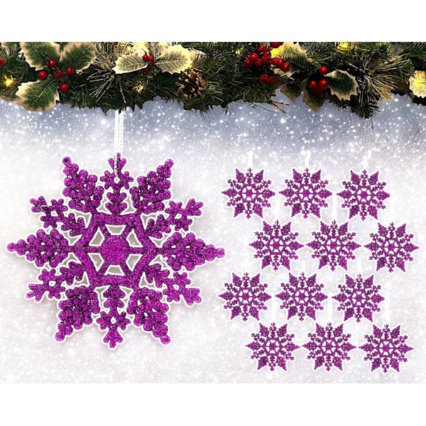 12pk Glitter Snowflake Hanging Decorations, Christmas Tree Snowflake Baubles/Ornaments (Dk