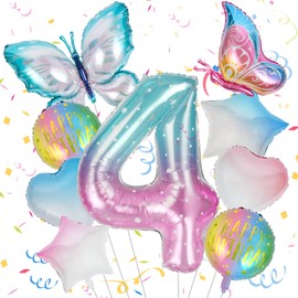 OSDUE 11 PCS Butterfly Birthday Decorations, Butterfly Foil Balloons Butterfly Party Supplies, Birthday Decorations for Girls Happy Birthday Balloons, Butterfly Star Heart Shape Balloons (Number 4)