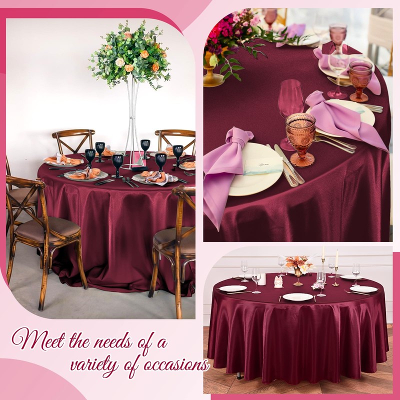 6 Packs Satin Tablecloth 120 inch Burgundy Round Tablecloths, Overlay
