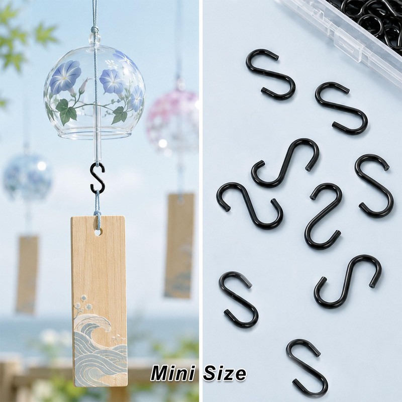 200PCS Mini Black S Hooks for Jewelry Hanging, Christmas Ornaments,