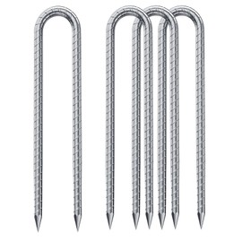 Rebar Stakes 12-Inch, Ground Stakes Heavy Duty U-Hook Galvanized Anti-Rust Ground Anchors for Camping Tent Trampoline Accessories Dog Fence Chicken Coop Deer Fence - 4pcs (Galvanizing, 8mm)