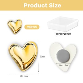 BelleVive 20 Pieces Fridge Magnets, Cute Decorative Heart Magnets, Fridge Magnets, Whiteboard Magnets, Locker Magnets, Strong Holding Power, Decorative Magnet Set for Home, Gold