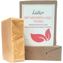 LIDKOR Peeling Seife mit Möhren und Honig 100g - Anti Akne & Porenreiniger - Gesicht und Körper - Hautpflege mit Olivenöl und Rizinusöl - Handgemachte Naturseife als Festes Duschgel - Vegan Handseife