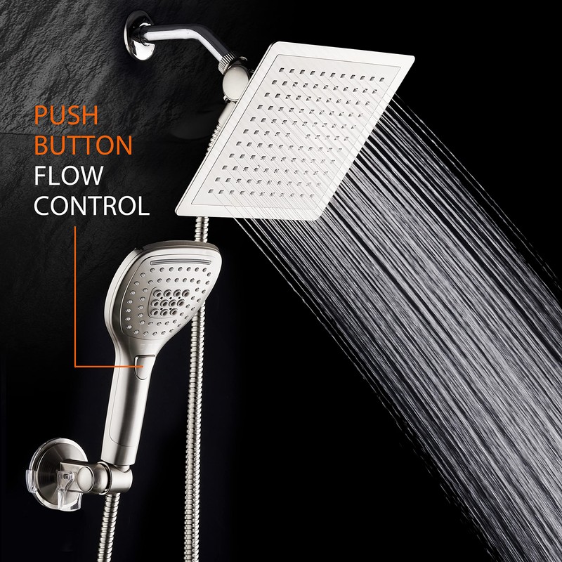 DreamSpa Ultra-Luxury 9" Rainfall Shower Head/Handheld Combo. Convenient Push-Button Flow