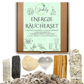JEEBUTY Premium Energie- & Räucherset XXL – Palo Santo, Selenit Herz Sorgenstein & Stäbchen, Calcit Geode, Salbei Räucherwerk, schwarzer Turmalin – Hochwertiges Spirituelles Geschenkset