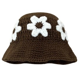 Crochet Bucket Hat Women Trendy Knit Floral Floppy Cap Cute Boho Flower Handmade Beanies Outdoor Boho Travel Fishing Hat, D-brown, Medium