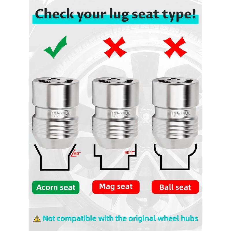 M12×1.25 Wheel Locking Nuts, Height 1.27" Cone Seat Replacement for