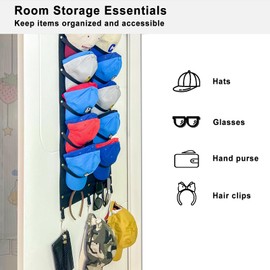 ETOWIFA Hat Organizer Rack for Baseball Caps [Up to 37], Hat Holder Over the Door for Closet with 7 Felt Bands&3 Hooks, Multifunctional Non-Drilled Hat Storage for Room, College Dorm - Black