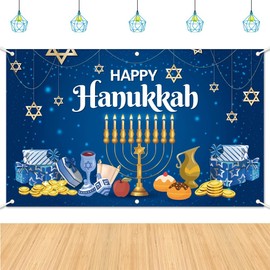 2024 Blue and Gold Happy Hanukkah Theme Banner Decoration Fabric Backdrop Jewish Chanukah Party Supplies Photography Background for Indoor Outdoor Yard Decor (70.9 x 43.3 inch)