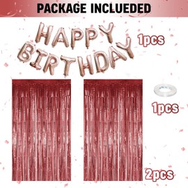 2PCS Rose Gold Birthday Party Decorations Tinsel Foil Curtains Door Streamers Backdrop with Rosegold Happy Birthday Balloons Banner Foil Fringe Curtain Background for Women Girls Birthday Decorations