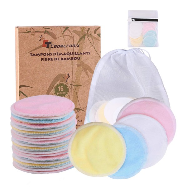 Reusable Makeup Remover Pads| Bamboo Fiber Organic Cotton Pads Face| Face Cleaner and Eyes Make Up Remover Pads Zero Waste Washable| for All Skin Types | 1 Laundry Bag+1 Storage Bag| 16 Pcs