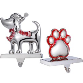 Christmas Dog Stocking Holders for Mantet Set of 2, Silver Dog Paw Stocking Hangers for Fireplace, Metal Stocking Holder for Christmas Fireplace Mantel Stocking Hooks for Christmas Decorations