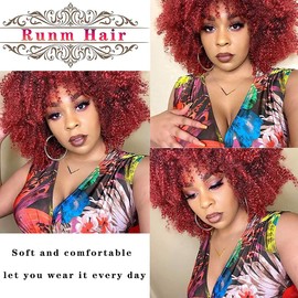RunM Short Curly Afro Wig With Bangs for Black Women Kinky Curly Hair Wig Afro Synthetic Full Wigs（Ombre Red）