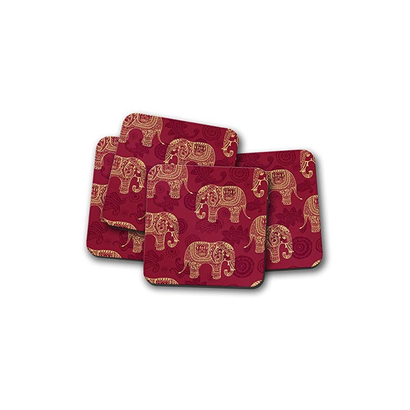 4 Set - Red Elephant Print Coaster - Indian India