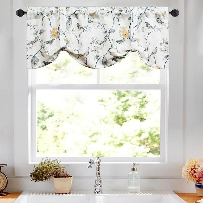 VOGOL Tie UP Curtain Valance, Adjustable Farmhouse Flower and Bird