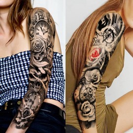 20 Sheets Large Full Arm Temporary Tattoos For Women Girls Thigh, Rose Flower Tribal Eye Compass Clock Fake Tattoo Sleeve For Adults, Long Lasting Peony Florals Peace Dove Black Tattoo Stickers