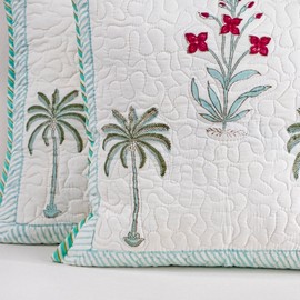 HOMEMONDE Ultra Soft Quited Throw Pillow Covers 18x18 inches - Pack of 2 - Premium 100% Cotton Block Print Boho Design Home Décor Farmhouse Style Handcrafted Pillowcase - Green