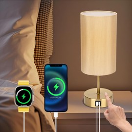 WANKAIX Bedside Table Lamp for Bedroom - 3 Way Dimmable Touch Lamp USB C Charging Ports and AC Outlet, Gold Base Round Flaxen Fabric Shade for Living Room, Desk, LED Bulb Included(Gold Touch Control)