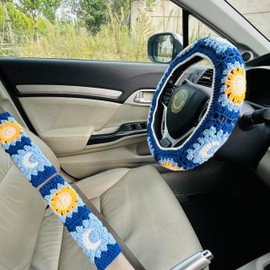 OnEternal Handmade Crochet Steering Wheel Cover Star Moon Seat Belt Cover, Car Interior Accessories Decorations. (Steering Wheel Cover + 2 Seat Belt Cover)