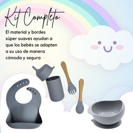 Juego de Cubiertos para Bebé de Silicona Adherible - Incluye Plato, Babero, Vaso, Cuchara y Tenedor, Antideslizante, a Prueba de Fugas, Fácil de Limpiar, Seguro para Alimentos, Apto para Microondas