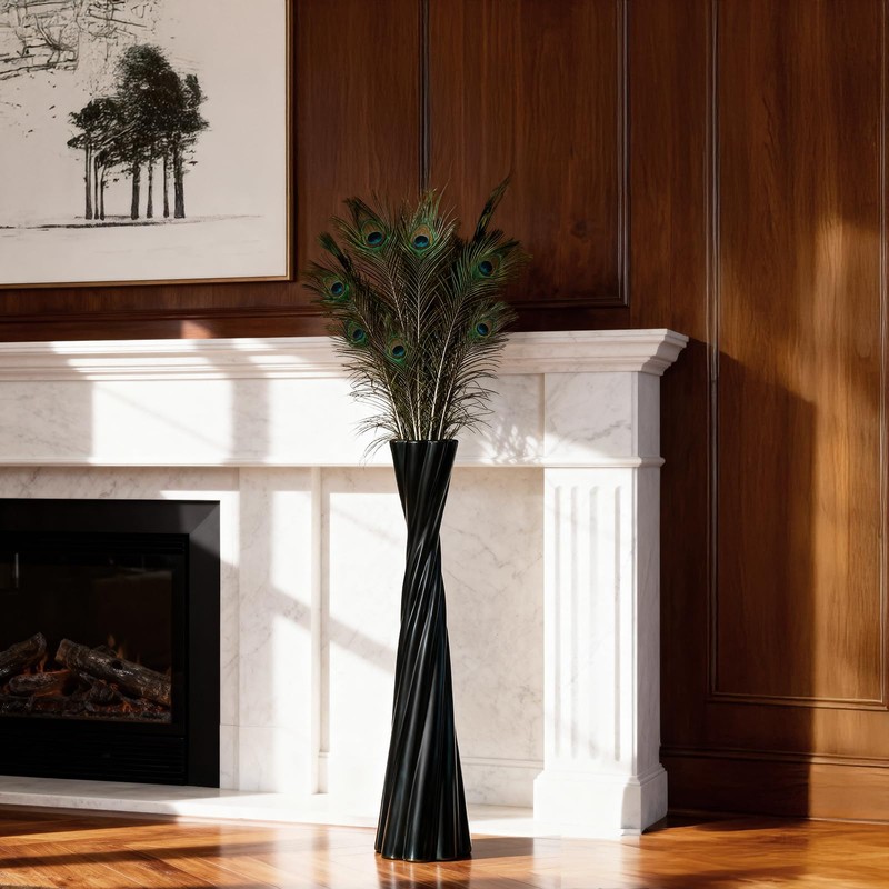 Tall Black Floor Vase 23.6″ – Glossy Twisted Resin Decorative