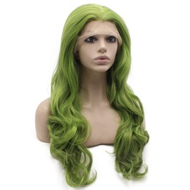 Mxangel Long Wavy Hand Tied Swiss Lace Front Green Wig Synthetic Heat Resistant