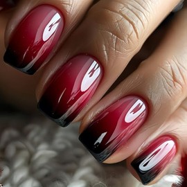 OCOUYVD Uñas Postizas Cuadradas Cortas Con Degradado Rojo, Punta Francesa, Uñas Artificiales Reutilizables, Cobertura Total, Kit De Uñas Postizas Adhe
