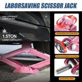 Auto Dynasty Scissor Car Jack, 1.5 Ton (3306LBS) Scissor Jacks, Lifting Range 15.2" (Max) to 4" (Min) Tire Jack Repair Kit with Ratchet Wrench for Car SUV Truck MPV Auto, Pink